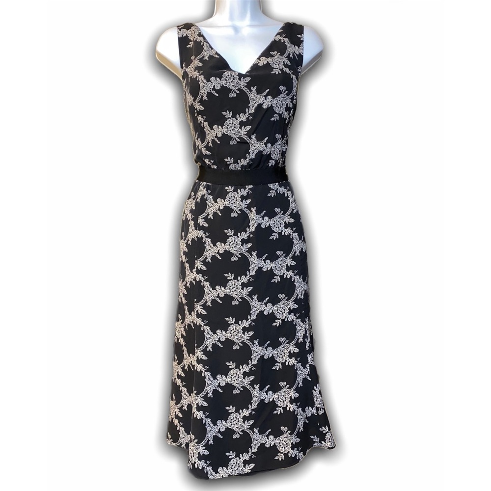 ANN TAYLOR 100% Silk Black White Floral Dress 14